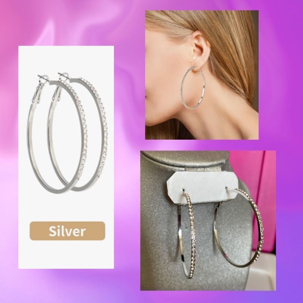 Large Hoop Earrings For Women Girls, Big Hoop With Cubic Zirconia, Silver